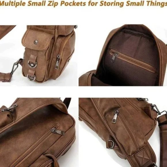 NEW MEN Sling Bag PU Leather Brown A - Picture 5 of 8
